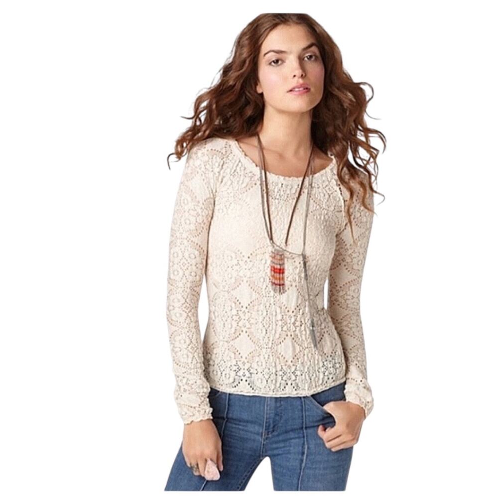 Free People Zoe Crochet Lace Long Sleeve Top, Cream, Boho, Size XS NWT
